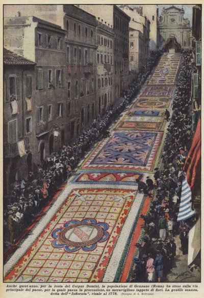 Ook dit jaar heeft de bevolking van Genzano (Rome) voor het feest van Corpus Domini de straten bedekt met bloemen door Achille Beltrame