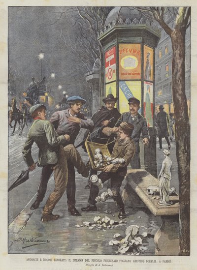 Angsten en onbekende pijnen, het drama van de kleine Italiaanse beeldjesmaker Aristide Borelli in Parijs door Achille Beltrame