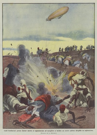 Arabieren gebombardeerd bij Zanzur terwijl ze zich voorbereidden om een van onze ballonnen met geweervuur te ontvangen ? door Achille Beltrame