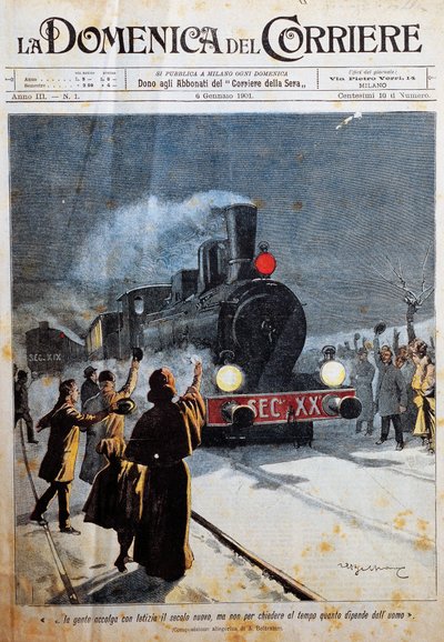 Aankomst van de nieuwe eeuw, mensen verwelkomen de nieuwe eeuw met vreugde, illustratie door Achille Beltrame (1871-1945), uit La Domenica del Corriere, 6 januari door Achille Beltrame