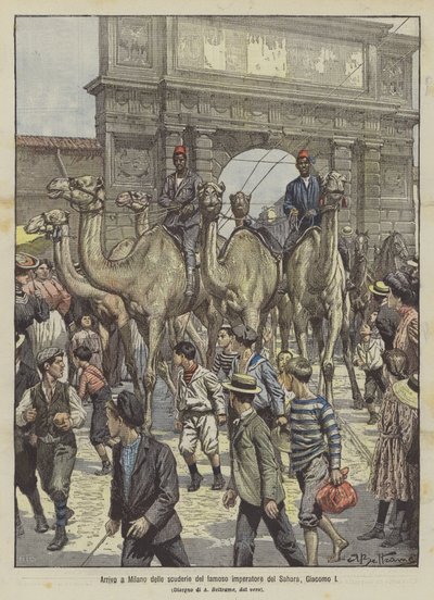 Aankomst in Milaan van de stallen van de beroemde keizer van de Sahara, Giacomo I door Achille Beltrame