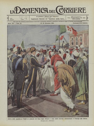Aankomst van het eskader in Tripoli onder bevel van de Hertog van de Abruzzen, de Arabische leiders ontvangen door Achille Beltrame