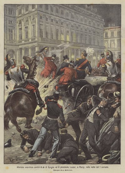Anarchistische aanslag op de koning van Spanje en president Loubet, in Parijs, in de nacht van 1 juni door Achille Beltrame