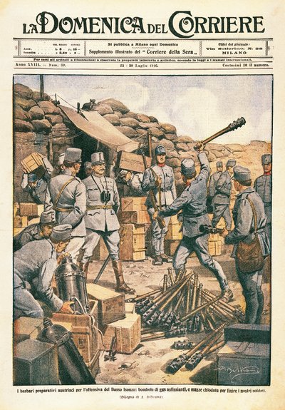 Oostenrijkse barbaren maken voorbereidingen voor het offensief aan de Beneden-Isonzo, illustratie uit La Domenica del Corriere, 23 juli door Achille Beltrame