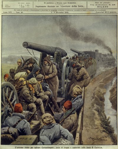 Balkan Oorlogen (1912-1913), laatste poging om Constantinopel te redden door troepen en goederen naar de Ciafalda-linie te sturen, 1 december door Achille Beltrame