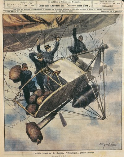 Rampspoed van luchtschip Republique nabij Moulins, Frankrijk, illustratie door Achille Beltrame uit La Domenica del Corriere, 3-10 oktober door Achille Beltrame