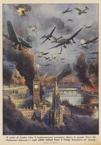 Centraal Londen onder de Germaanse bombardementen (kleur litho) door Achille Beltrame