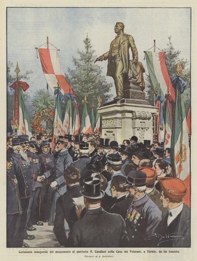 Inhuldigingsceremonie van het monument voor de patriot G. Candiani in het Veteranenhuis in Turate, door hem gesticht door Achille Beltrame