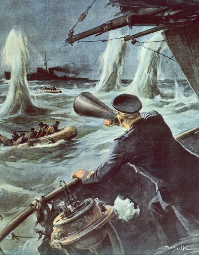 Botsing tussen kleine torpedoboot en Britse kruiser in Siciliaanse Kanaal, 20 oktober door Achille Beltrame