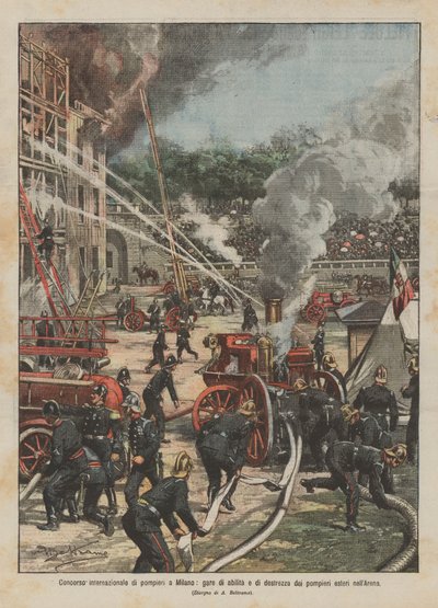 Internationale brandweerwedstrijd in Milaan, vaardigheidswedstrijden van buitenlandse brandweerlieden in de Arena door Achille Beltrame