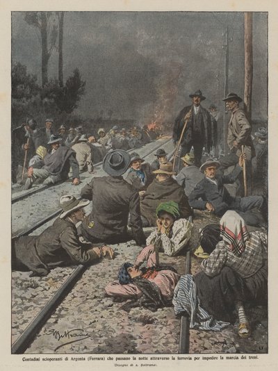 Stakende boeren van Argenta (Ferrara) die de nacht doorbrengen op het spoor door Achille Beltrame