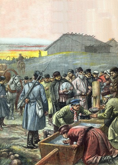 Konvooi van gedeporteerde Russische politieke gevangenen op weg naar ballingschap in Siberië, illustratie uit 