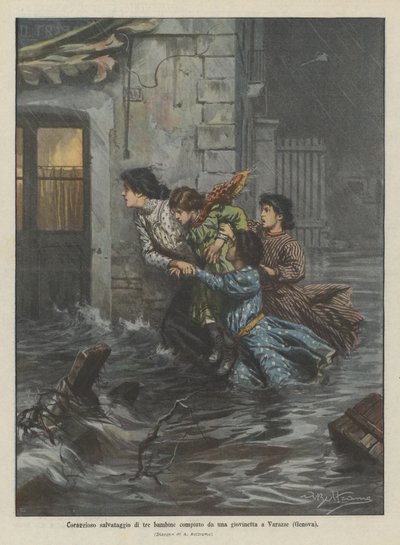 Moedige redding van drie meisjes door een jongedame in Varazze (Genua) door Achille Beltrame