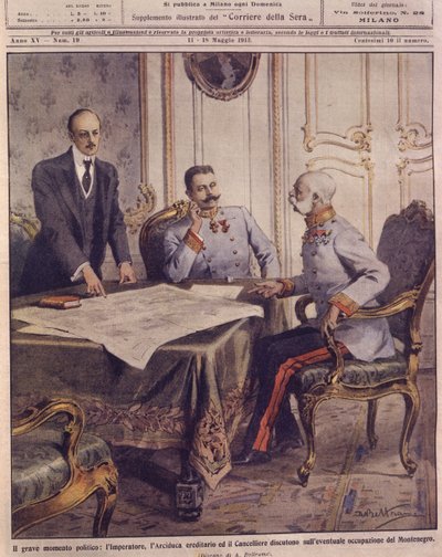 Omslagillustratie van de keizer van Oostenrijk die mogelijke bezetting van Montenegro bespreekt door Achille Beltrame