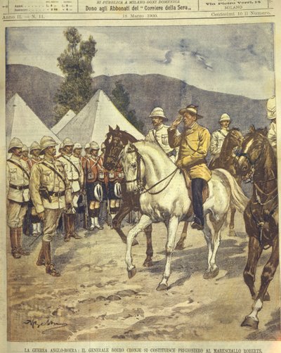 Omslagillustratie van Generaal Cronje die zich overgeeft aan Maarschalk Roberts tijdens de Anglo-Zulu en Anglo-Boerenoorlogen van 1850-1902 door Achille Beltrame