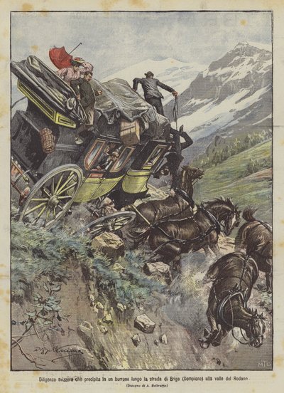Zwitserse diligence die in een ravijn stort langs de weg van Briga (Sempione) naar de Rhônedalen door Achille Beltrame