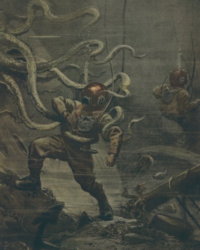Duiker aangevallen door reuzenoctopus tijdens duik, door Achille Beltrame, illustratie, Illustrator Achille Beltrame (1871-1945), uit La Domenica del Corriere, 25 oktober 1908 door Achille Beltrame