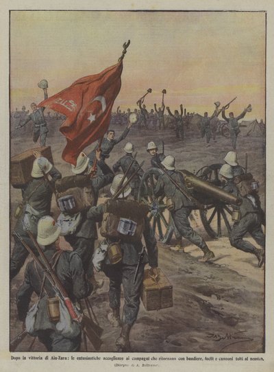 Na de overwinning van Ain-Zara, de enthousiaste ontvangst van de kameraden die terugkeren met vlaggen door Achille Beltrame