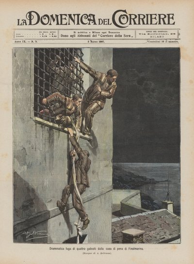 Dramatische ontsnapping van vier gevangenen uit de gevangenis van Finalmarina door Achille Beltrame