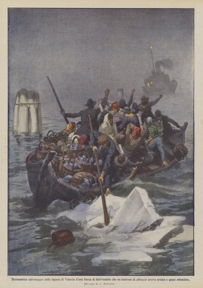 Dramatische redding in de lagune van Venetië van een boot met melkmeisjes die door een ijsplaat werd geraakt door Achille Beltrame