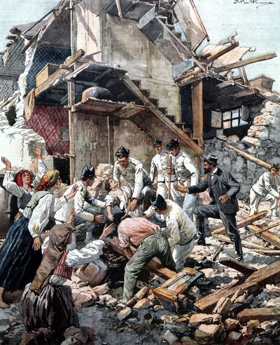 Aardbeving in Reggio (Calabrië) op 28/12/1908. Soldaten zoeken in het puin naar de slachtoffers van de aardbeving. Illustratie door Beltrame. door Achille Beltrame