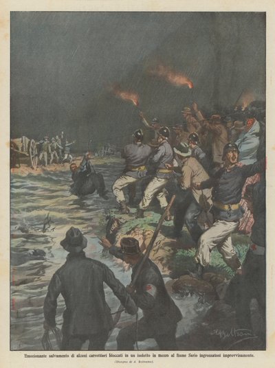 Spannende redding van enkele voermannen vastgelopen op een eilandje in de rivier de Serio door Achille Beltrame