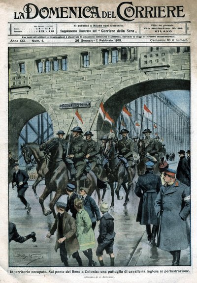 Engelse aanwezigheid in Duitsland: militaire troepen op een Rijnbrug in Keulen. Illustratie van Beltrame. La Domenica del Corriere. 01/1919 door Achille Beltrame