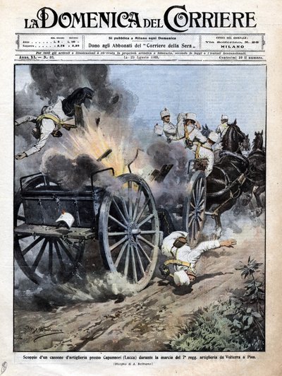 Explosie van een artilleriekist nabij Capannori (Lucca) tijdens de overplaatsing van het 7e artillerieregiment van Volterra naar Pisa. Illustratie van Beltrame. 