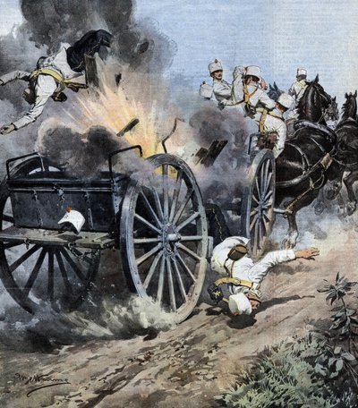Explosie van een artilleriekist nabij Capannori in de regio Lucca tijdens de verplaatsing van het 7e Regiment Artillerie van het Italiaanse leger. Ill. door Beltrame. La Domenica del Corriere. 08/1909 door Achille Beltrame