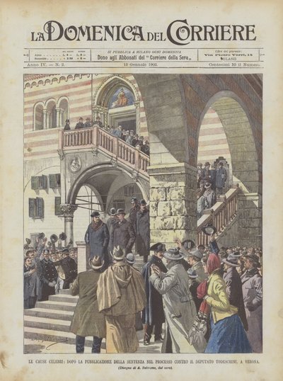 Beroemde oorzaken, na de publicatie van het vonnis in het proces tegen afgevaardigde Todeschini, in Verona (kleurenlitho) door Achille Beltrame