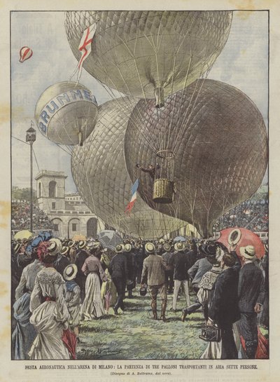 Luchtvaartfeest in de arena van Milaan, het vertrek van drie ballonnen die zeven mensen in de lucht vervoeren door Achille Beltrame