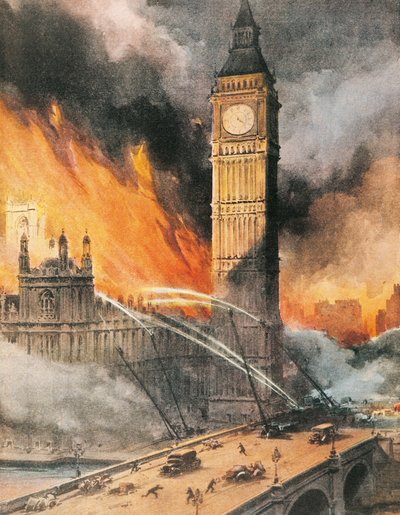 Brand in Westminster Palace, Londen, na Duitse bombardementen, illustratie uit 