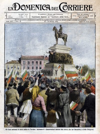 Eerste Balkanoorlog: demonstraties voor het standbeeld van de Tsaar in Sofia, Bulgarije - Illustratie door Beltrame in La Domenica del Corriere - oktober 1912 (Eerste Balkanoorlog: demonstratie in Sofia, Bulgarije) door Achille Beltrame