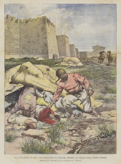 De gebeurtenissen in China, een plunderaar van lijken betrapt door soldaten van de Europese troepen door Achille Beltrame