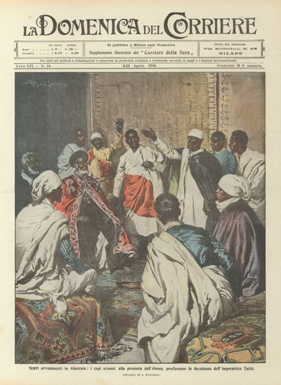 Ernstige gebeurtenissen in Abessinië, de Shoan-leiders, in aanwezigheid van de Abuna, verklaren de val van de keizer door Achille Beltrame