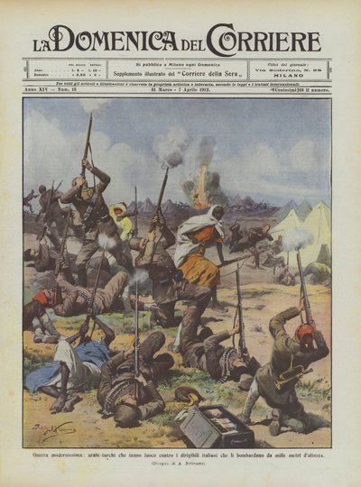 Zeer moderne oorlog, Arabisch-Turken die vuren op Italiaanse luchtschepen die hen bombarderen ? door Achille Beltrame