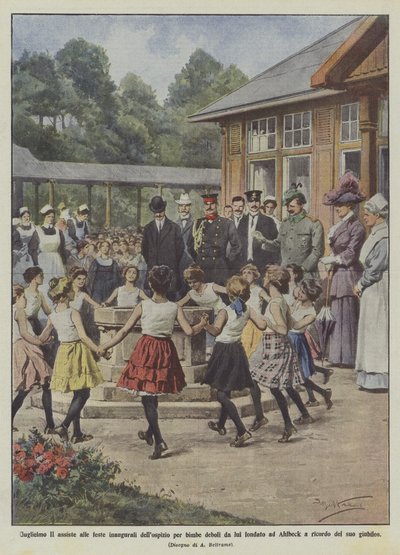 Wilhelm II woont de openingsfeesten bij van het door hem opgerichte tehuis voor zwakke meisjes in Ahlbeck door Achille Beltrame
