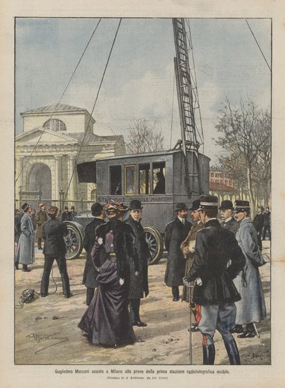 Guglielmo Marconi woont in Milaan de tests bij van het eerste mobiele radiotelegrafiestation door Achille Beltrame