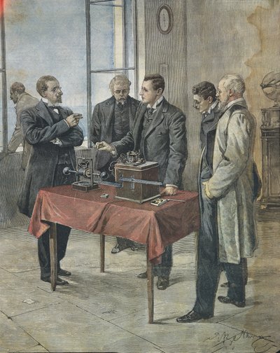 Guglielmo Marconi test de draadloze telegrafie over het Engelse Kanaal. Illustratie door Achille Beltrame in de Italiaanse krant 