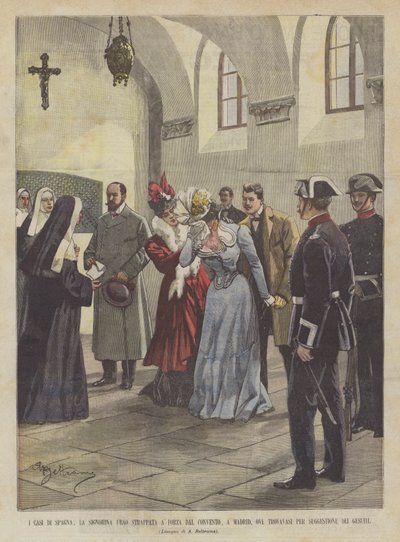 De gevallen van Spanje, juffrouw Ubao met geweld uit het klooster gehaald, in Madrid, waar ze was voor... door Achille Beltrame
