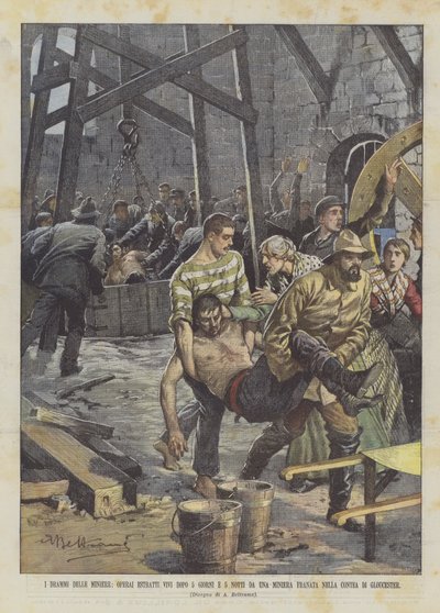 De mijnrampen, arbeiders levend gered na 5 dagen en 5 nachten uit een ingestorte mijn in ? door Achille Beltrame