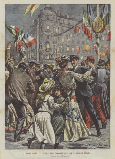 De koninklijke familie van Italië in Parijs, volksdansen op de straten als teken van vreugde door Achille Beltrame