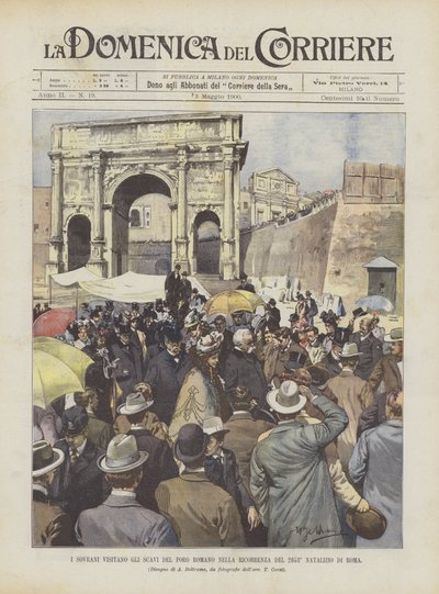 De Vorsten Bezoeken de Opgravingen van het Forum Romanum ter Gelegenheid van de 2653e Verjaardag van Rome door Achille Beltrame