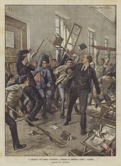 De studenten van het Garibaldi-weeshuis in Palermo komen in opstand tegen de leraren door Achille Beltrame