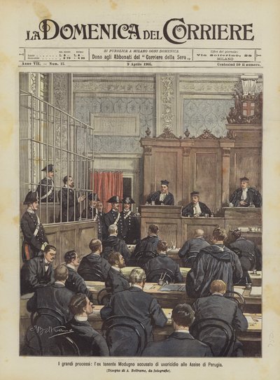 De grote processen, ex-luitenant Modugno beschuldigd van echtgenotemoord bij de Assisen van Perugia door Achille Beltrame