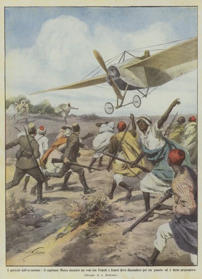 De gevaren van de luchtvaart, kapitein Moizo die tijdens een vlucht tussen Tripoli en Zuara moet landen door Achille Beltrame