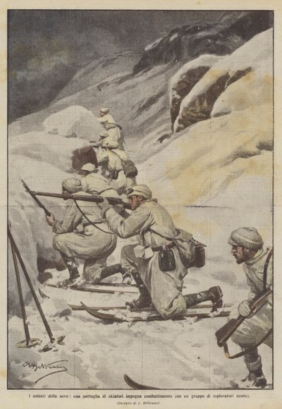 De sneeuwsoldaten, een patrouille van skiërs vecht met een groep vijandelijke verkenners door Achille Beltrame