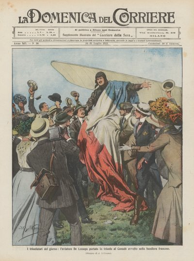 De triomfators van de dag, de piloot De Lesseps triomfantelijk gedragen in Canada gewikkeld in de Franse vlag door Achille Beltrame