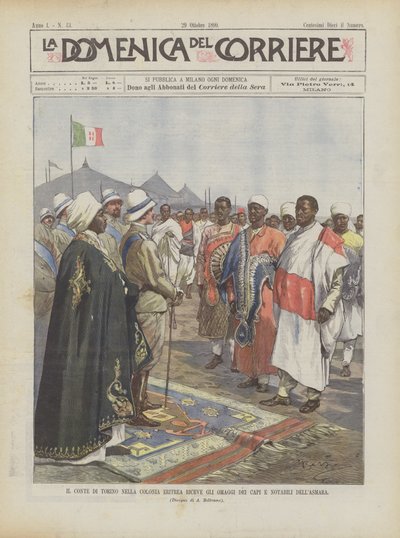 De Graaf van Turijn in de Eritrese kolonie ontvangt de eerbetuigingen van de leiders en notabelen van Asmara door Achille Beltrame