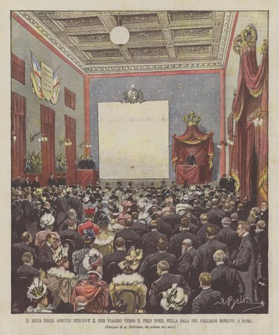 De hertog van de Abruzzi beschrijft zijn reis naar de Noordpool, in de zaal van het Collegio Romano, in Rome door Achille Beltrame